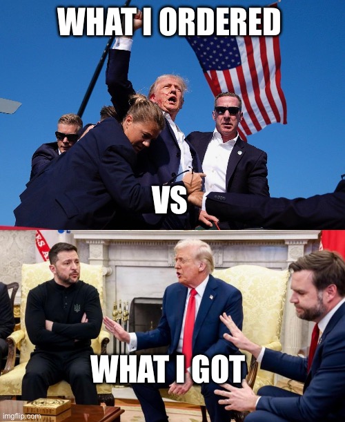 What I ordered vs what I got | WHAT I ORDERED; VS; WHAT I GOT | image tagged in trump assassination attempt,trump vance and zelensky | made w/ Imgflip meme maker