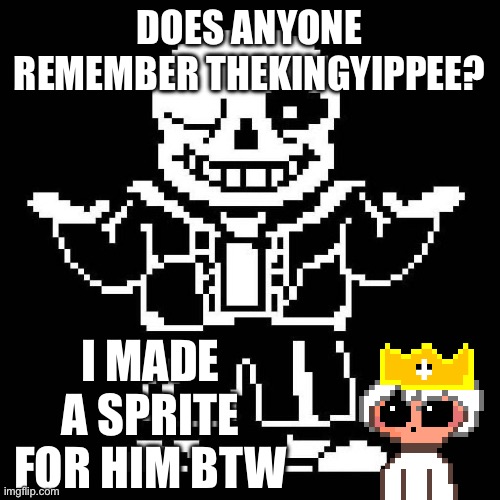 sans undertale | DOES ANYONE REMEMBER THEKINGYIPPEE? I MADE A SPRITE FOR HIM BTW | image tagged in sans undertale | made w/ Imgflip meme maker