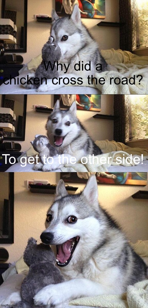 Just a boring joke. | Why did a chicken cross the road? To get to the other side! | image tagged in memes,bad pun dog,jokes,funny,gifs,dogs | made w/ Imgflip meme maker