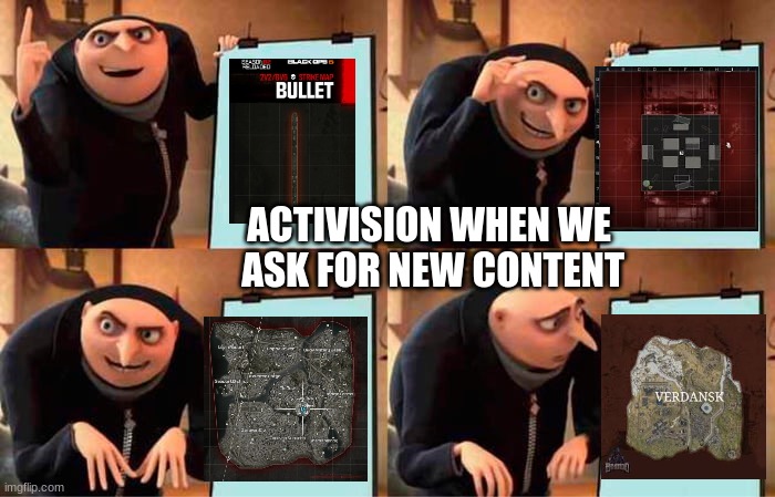 Activision: | ACTIVISION WHEN WE 
ASK FOR NEW CONTENT | image tagged in memes,gru's plan,call of duty | made w/ Imgflip meme maker