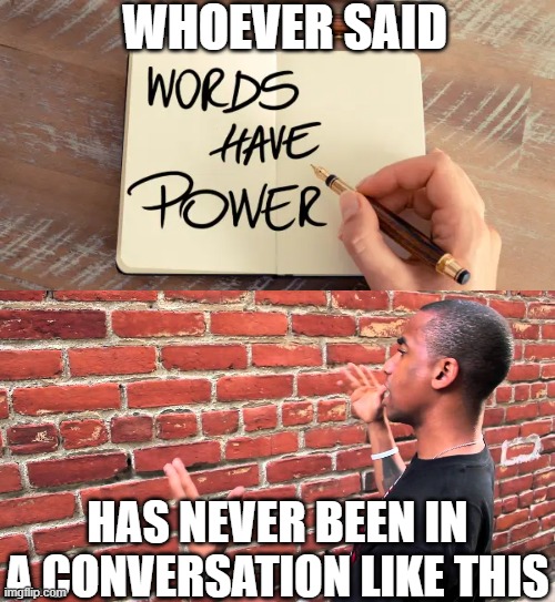 Think anyone can talk their way into or out of anything?  I don't. | WHOEVER SAID; HAS NEVER BEEN IN
A CONVERSATION LIKE THIS | image tagged in talking to wall,words have power,doubt,disbelief,uncaring,unimpressed | made w/ Imgflip meme maker