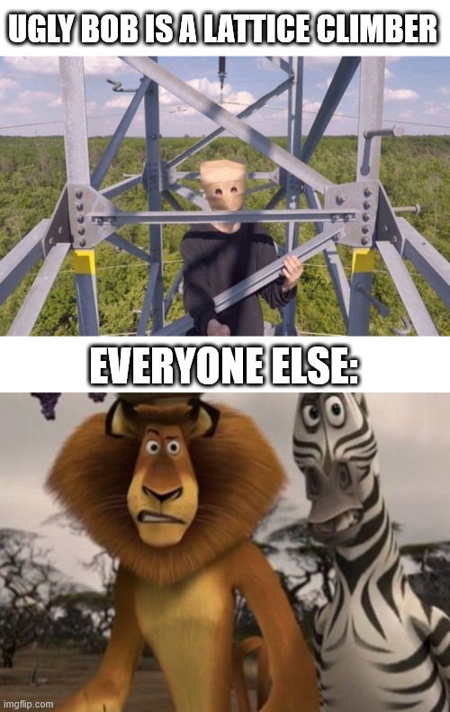 Alex and Marty meet Ugly Bob | UGLY BOB IS A LATTICE CLIMBER; EVERYONE ELSE: | image tagged in borntoclimbtowers,south park,lattice climbing,madagascar,lion,alex the lion | made w/ Imgflip meme maker