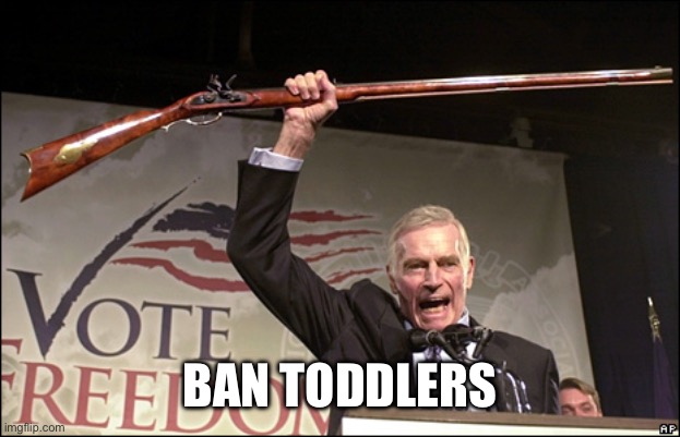 Charleton Heston NRA | BAN TODDLERS | image tagged in charleton heston nra | made w/ Imgflip meme maker