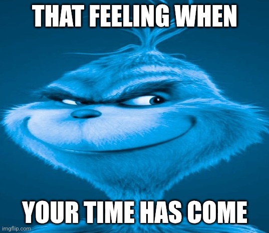 Time has come | THAT FEELING WHEN; YOUR TIME HAS COME | image tagged in blue grinch | made w/ Imgflip meme maker