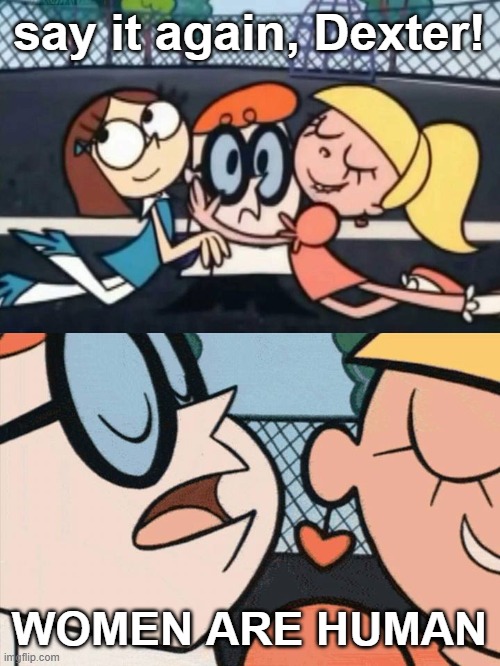 Being feminist is easy, and it doesn't hurt | say it again, Dexter! WOMEN ARE HUMAN | image tagged in i love your accent,feminism,women | made w/ Imgflip meme maker