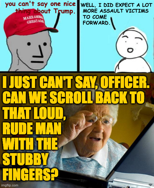 It probably has been awhile for some of them. | you can't say one nice
thing about Trump. WELL, I DID EXPECT A LOT
 MORE ASSAULT VICTIMS
 TO COME
 FORWARD. I JUST CAN'T SAY, OFFICER.
CAN WE SCROLL BACK TO
THAT LOUD,
RUDE MAN
WITH THE
STUBBY
FINGERS? | image tagged in maga npc an an0nym0us template,memes,grandma finds the internet,trump | made w/ Imgflip meme maker