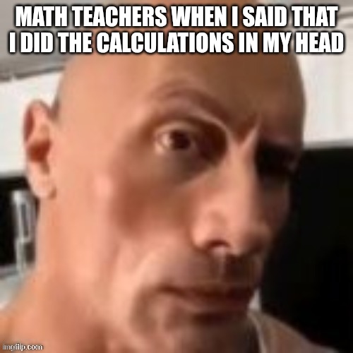 Rock raising eyebrow | MATH TEACHERS WHEN I SAID THAT I DID THE CALCULATIONS IN MY HEAD | image tagged in rock raising eyebrow | made w/ Imgflip meme maker