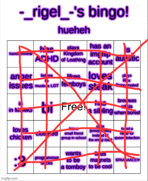 hue hue hue hue hue hue hue hue | image tagged in rigel's bingo | made w/ Imgflip meme maker