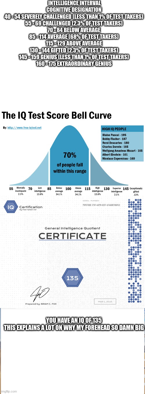 DAMN (my monthly IQ test score from my therepist | INTELLIGENCE INTERVAL	COGNITIVE DESIGNATION
40 - 54	SEVERELY CHALLENGED (LESS THAN 1% OF TEST TAKERS)
55 - 69	CHALLENGED (2.3% OF TEST TAKERS)
70 - 84	BELOW AVERAGE
85 - 114	AVERAGE (68% OF TEST TAKERS)
115 - 129	ABOVE AVERAGE
130 - 144	GIFTED (2.3% OF TEST TAKERS)
145 - 159	GENIUS (LESS THAN 1% OF TEST TAKERS)
160 - 175	EXTRAORDINARY GENIUS; YOU HAVE AN IQ OF 135

THIS EXPLAINS A LOT ON WHY MY FOREHEAD SO DAMN BIG | made w/ Imgflip meme maker