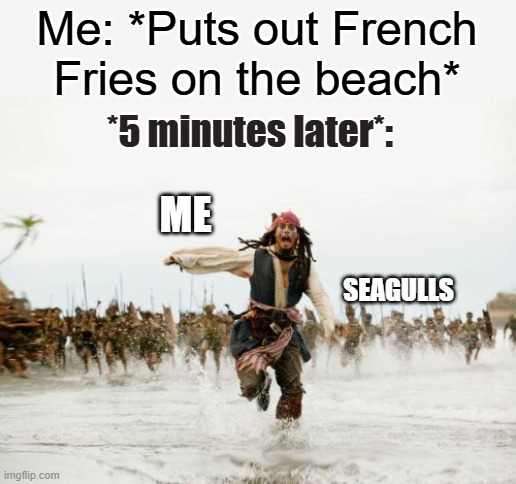 Real | Me: *Puts out French Fries on the beach*; *5 minutes later*:; ME; SEAGULLS | image tagged in memes,jack sparrow being chased,funny,relatable,day at the beach | made w/ Imgflip meme maker