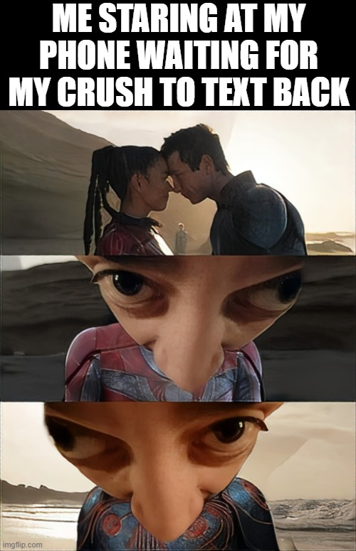 crush | ME STARING AT MY PHONE WAITING FOR MY CRUSH TO TEXT BACK | image tagged in memes | made w/ Imgflip meme maker