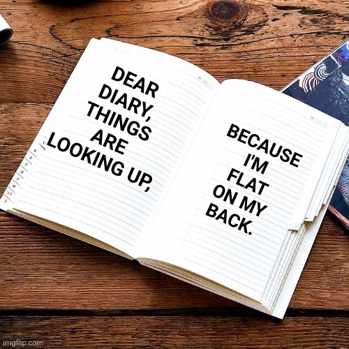 Dear diary.... | BECAUSE I'M FLAT ON MY BACK. DEAR DIARY, THINGS ARE LOOKING UP, | image tagged in diary of a wimpy kid | made w/ Imgflip meme maker