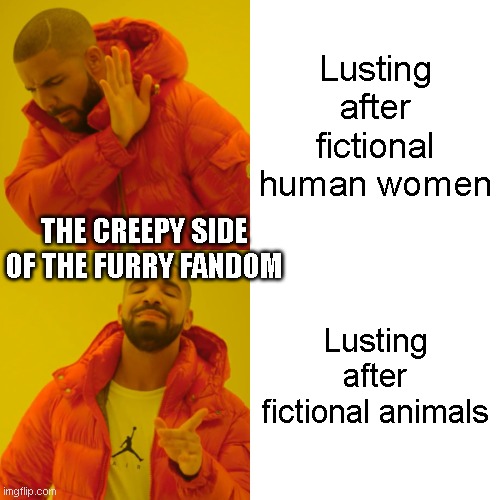 Drake Hotline Bling | Lusting after fictional human women; THE CREEPY SIDE OF THE FURRY FANDOM; Lusting after fictional animals | image tagged in memes,drake hotline bling | made w/ Imgflip meme maker