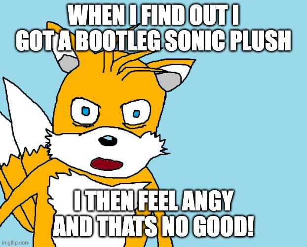 Tails gets trolled template (original meme) | WHEN I FIND OUT I GOT A BOOTLEG SONIC PLUSH; I THEN FEEL ANGY AND THATS NO GOOD! | image tagged in tails gets trolled template original meme | made w/ Imgflip meme maker