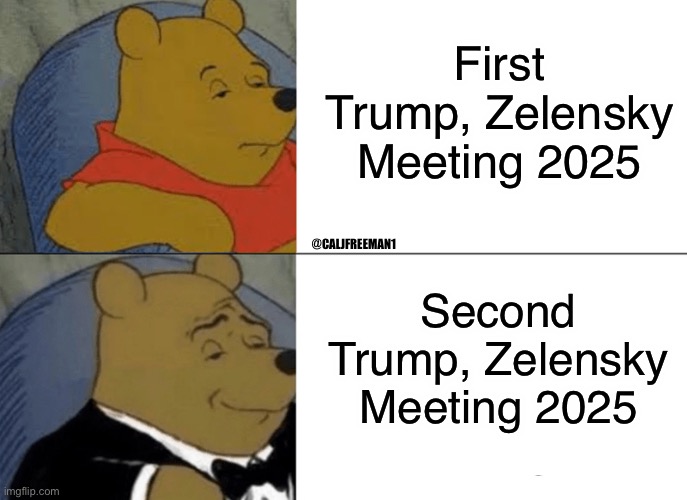 Tuxedo Winnie The Pooh | First Trump, Zelensky
Meeting 2025; @CALJFREEMAN1; Second Trump, Zelensky Meeting 2025 | image tagged in memes,tuxedo winnie the pooh,tuxedo winnie the pooh 4 panel,maga,ukraine,vladimir putin | made w/ Imgflip meme maker