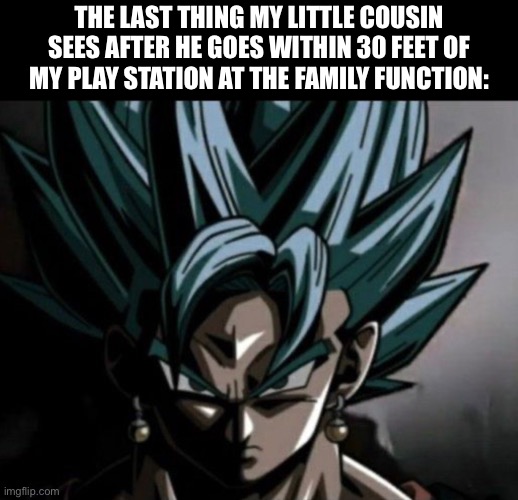 We can’t let this slide | THE LAST THING MY LITTLE COUSIN SEES AFTER HE GOES WITHIN 30 FEET OF MY PLAY STATION AT THE FAMILY FUNCTION: | image tagged in vegito prowler meme,dbz,anime,funny | made w/ Imgflip meme maker