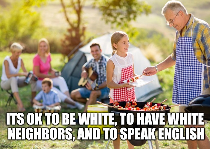 ITS OK TO BE WHITE, TO HAVE WHITE
 NEIGHBORS, AND TO SPEAK ENGLISH | image tagged in funny memes | made w/ Imgflip meme maker