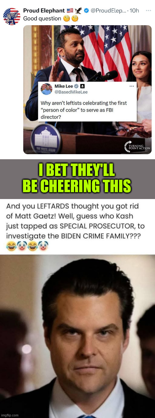 Wait for it | I BET THEY'LL BE CHEERING THIS | image tagged in matt gaetz,kash patel,let the investigations begin | made w/ Imgflip meme maker