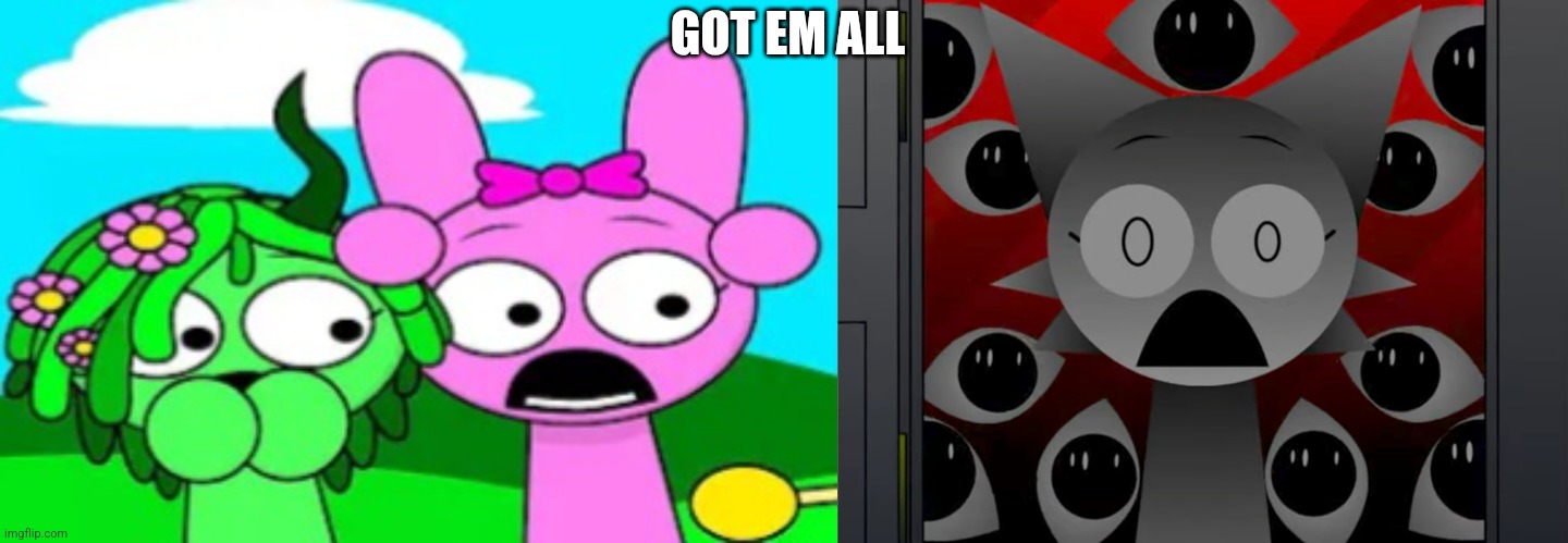 All 3 are shocked | GOT EM ALL | image tagged in shocked sprunkers,scared wenda | made w/ Imgflip meme maker