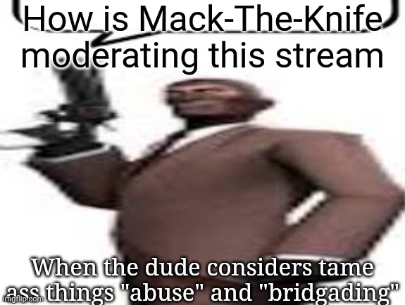 Wouldn't it be funny if this got unfeatured | How is Mack-The-Knife moderating this stream; When the dude considers tame ass things "abuse" and "bridgading" | image tagged in tf2 spy,msmg,memes | made w/ Imgflip meme maker