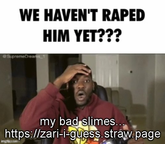 we have not | my bad slimes...
https://zari-i-guess.straw.page | image tagged in we have not | made w/ Imgflip meme maker