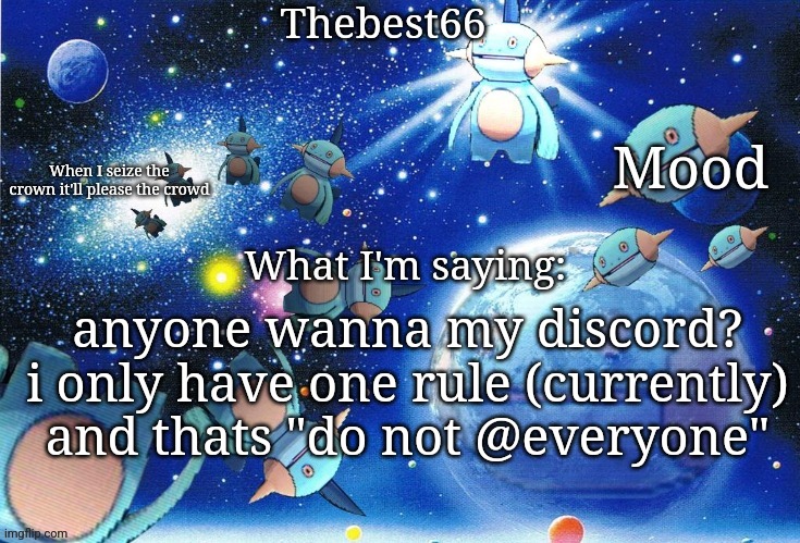 Marshtomp template thebest66 | anyone wanna my discord? i only have one rule (currently) and thats "do not @everyone" | image tagged in marshtomp template thebest66 | made w/ Imgflip meme maker