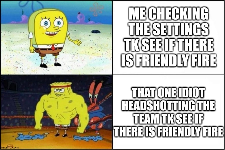 Image Title | ME CHECKING THE SETTINGS TK SEE IF THERE IS FRIENDLY FIRE; THAT ONE IDIOT HEADSHOTTING THE TEAM TK SEE IF THERE IS FRIENDLY FIRE | image tagged in weak vs strong spongebob | made w/ Imgflip meme maker