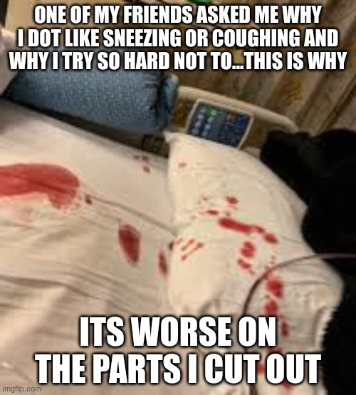 ONE OF MY FRIENDS ASKED ME WHY I DOT LIKE SNEEZING OR COUGHING AND WHY I TRY SO HARD NOT TO...THIS IS WHY; ITS WORSE ON THE PARTS I CUT OUT | made w/ Imgflip meme maker