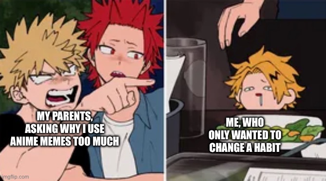 Anime temps are more hype. But NSFW ones go in NSFW. Anyone agree? | ME, WHO ONLY WANTED TO CHANGE A HABIT; MY PARENTS, ASKING WHY I USE ANIME MEMES TOO MUCH | image tagged in bakugo yelling at denki,anime,memes,funny,relatable,oh wow are you actually reading these tags | made w/ Imgflip meme maker