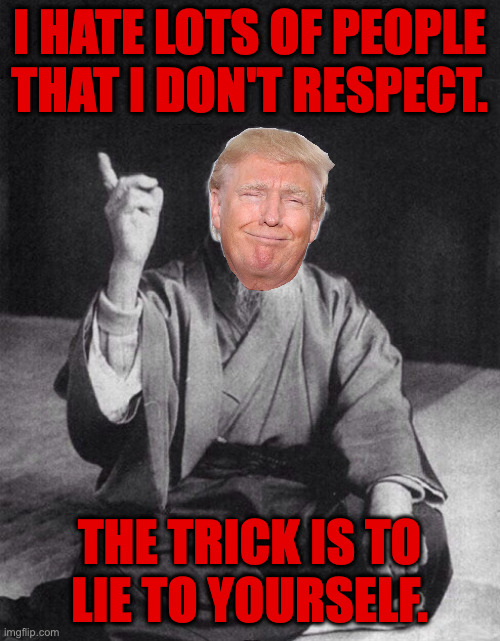 Wise Old Chinese Man | I HATE LOTS OF PEOPLE
THAT I DON'T RESPECT. THE TRICK IS TO
LIE TO YOURSELF. | image tagged in wise old chinese man | made w/ Imgflip meme maker