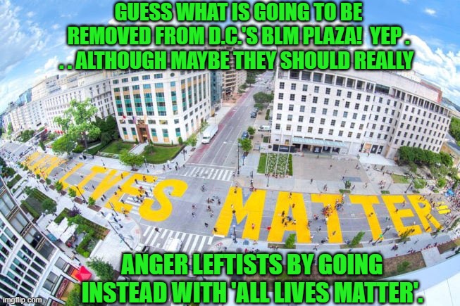 After four years of tearing down ancient statues and renaming military bases how could leftists protest? | GUESS WHAT IS GOING TO BE REMOVED FROM D.C.'S BLM PLAZA!  YEP . . . ALTHOUGH MAYBE THEY SHOULD REALLY; ANGER LEFTISTS BY GOING INSTEAD WITH 'ALL LIVES MATTER'. | image tagged in yep | made w/ Imgflip meme maker