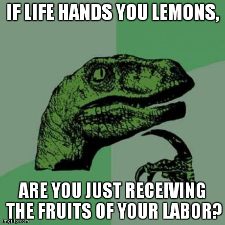 I think this is a perfectly valid question. | IF LIFE HANDS YOU LEMONS, ARE YOU JUST RECEIVING THE FRUITS OF YOUR LABOR? | image tagged in memes,philosoraptor | made w/ Imgflip meme maker