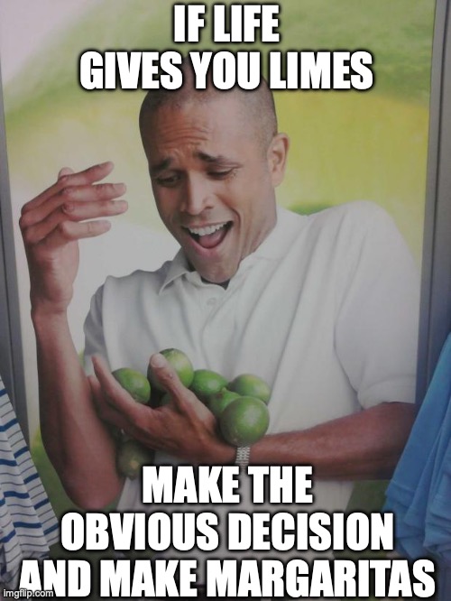Why Can't I Hold All These Limes | IF LIFE GIVES YOU LIMES; MAKE THE OBVIOUS DECISION AND MAKE MARGARITAS | image tagged in memes,why can't i hold all these limes | made w/ Imgflip meme maker