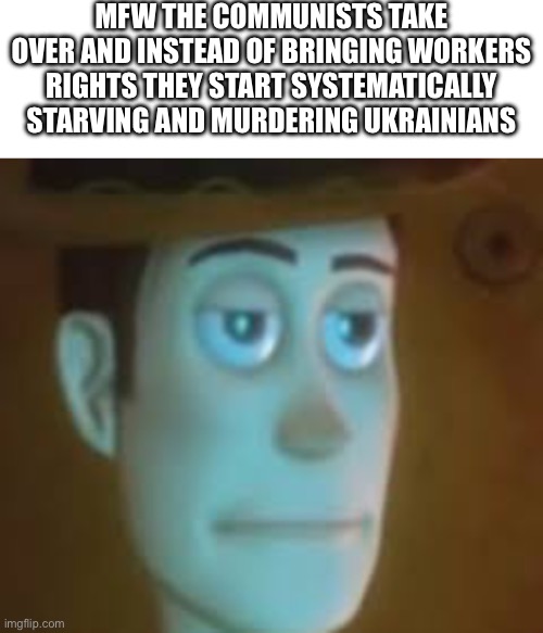 Common Communism L | MFW THE COMMUNISTS TAKE OVER AND INSTEAD OF BRINGING WORKERS RIGHTS THEY START SYSTEMATICALLY STARVING AND MURDERING UKRAINIANS | image tagged in blank white template,disappointed woody,communism | made w/ Imgflip meme maker