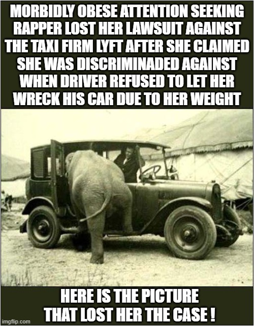 I Could See That Coming A Mile Away ! | MORBIDLY OBESE ATTENTION SEEKING
RAPPER LOST HER LAWSUIT AGAINST
THE TAXI FIRM LYFT AFTER SHE CLAIMED
SHE WAS DISCRIMINADED AGAINST
WHEN DRIVER REFUSED TO LET HER
WRECK HIS CAR DUE TO HER WEIGHT; HERE IS THE PICTURE THAT LOST HER THE CASE ! | image tagged in lawsuit,fail,obese,elephant,dank demoss,dark humour | made w/ Imgflip meme maker