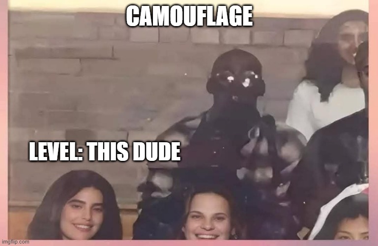 Camouflage | CAMOUFLAGE; LEVEL: THIS DUDE | image tagged in dark humor | made w/ Imgflip meme maker