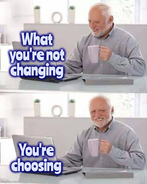 A Rolling Stone Gathers No Moss.  Make Changes Or Stagnate.  The Choice Is Yours | What you're not changing; You're choosing | image tagged in memes,hide the pain harold,keep moving forward,be the change you want to see,hope and change,move on | made w/ Imgflip meme maker