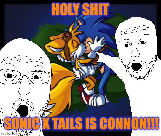 Haha look they kissing | HOLY SHIT; SONIC X TAILS IS CONNON!!! | image tagged in sonic meme | made w/ Imgflip meme maker