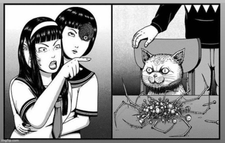 girl pointing at cat junji ito version | image tagged in girl pointing at cat junji ito version | made w/ Imgflip meme maker