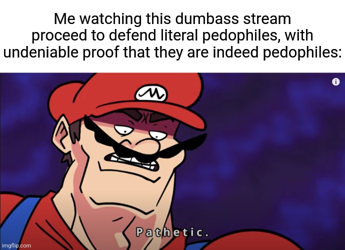 mario pathetic | Me watching this dumbass stream proceed to defend literal pedophiles, with undeniable proof that they are indeed pedophiles: | image tagged in mario pathetic,memes,funny,funny memes,roblox,roblox meme | made w/ Imgflip meme maker