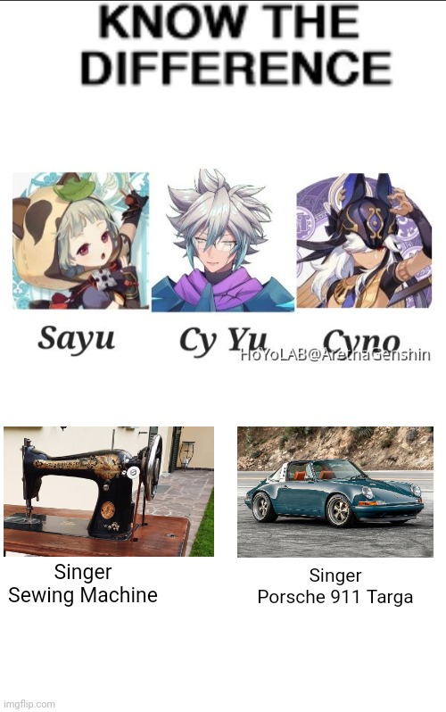 Know The Difference CYYU And Singer | Singer Porsche 911 Targa; Singer Sewing Machine | image tagged in singer,sewing,vtuber,porsche,know the difference | made w/ Imgflip meme maker