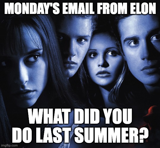 I know Elon | MONDAY'S EMAIL FROM ELON; WHAT DID YOU DO LAST SUMMER? | image tagged in ryan phillipe,homegrown | made w/ Imgflip meme maker