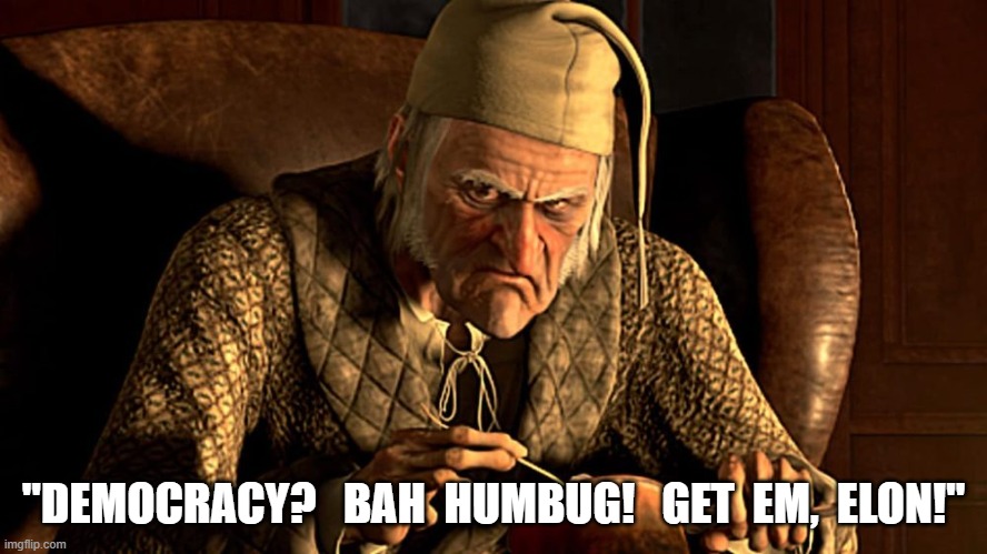 Ghost of Elon Future | "DEMOCRACY?   BAH  HUMBUG!   GET  EM,  ELON!" | image tagged in elon musk | made w/ Imgflip meme maker