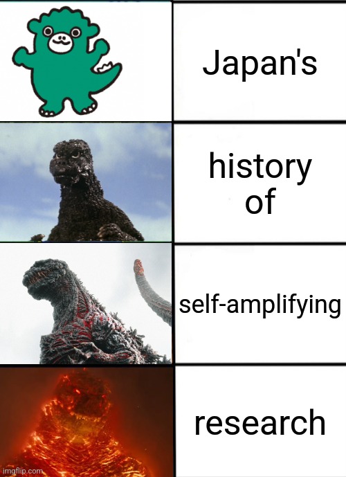 Strength of Godzilla 4-panel | Japan's history of self-amplifying research | image tagged in strength of godzilla 4-panel | made w/ Imgflip meme maker