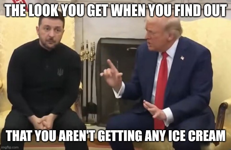 Want some ice cream | THE LOOK YOU GET WHEN YOU FIND OUT; THAT YOU AREN'T GETTING ANY ICE CREAM | image tagged in trump and zelensky,funny memes | made w/ Imgflip meme maker