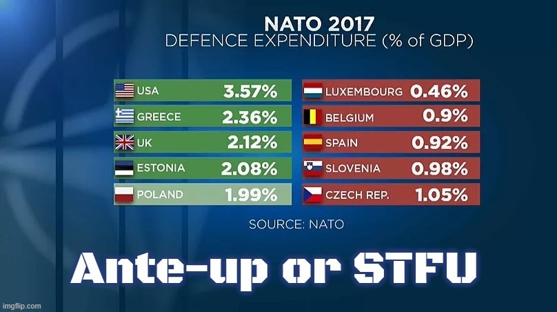 Dear Member Nations: Ante-up or STFU! | image tagged in ante-up,stfu,nato,united nations,national defense,fafo | made w/ Imgflip meme maker