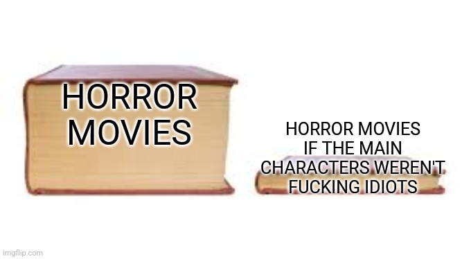 Why are people in Horror Movies so dumb | HORROR MOVIES; HORROR MOVIES IF THE MAIN CHARACTERS WEREN'T FUCKING IDIOTS | image tagged in big book small book | made w/ Imgflip meme maker
