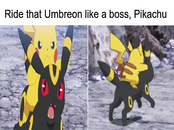 Pokemon giddy up | Ride that Umbreon like a boss, Pikachu | image tagged in memes,funny,pokemon,anime | made w/ Imgflip meme maker