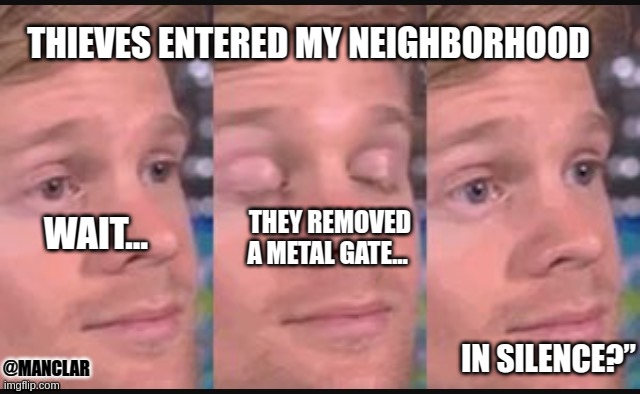 Blinking guy | THIEVES ENTERED MY NEIGHBORHOOD; THEY REMOVED A METAL GATE…; WAIT…; IN SILENCE?”; @MANCLAR | image tagged in blinking guy | made w/ Imgflip meme maker