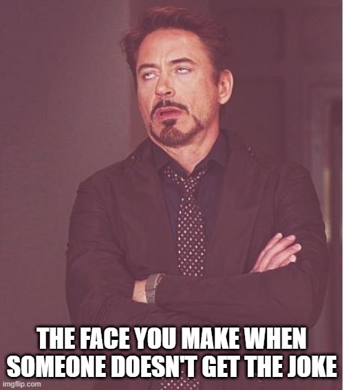 The Face | THE FACE YOU MAKE WHEN SOMEONE DOESN'T GET THE JOKE | image tagged in memes,face you make robert downey jr | made w/ Imgflip meme maker